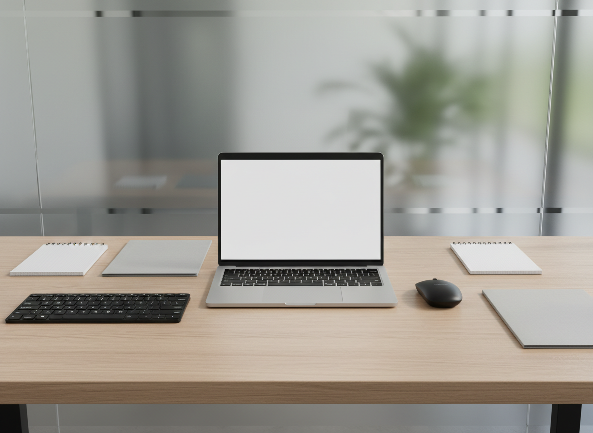 A modern, streamlined desktop workspace featuring an open silver laptop with a crisp, blank screen, flanked by a matte black wireless keyboard and a smooth, minimalist mouse. This setup sits on a light oak desk with organized notepads and a closed folder neatly placed to each side. The background is a translucent glass partition with subtle reflections, suggesting a contemporary office environment. Natural diffused daylight filters in from an unseen window, creating even illumination and soft shadows that enhance the structured, businesslike feel. Captured from a slightly elevated, centered angle with a sharp focus throughout, the composition evokes a clean, professional atmosphere with a photographic realism and neutral tones, perfectly suited to a job matching business platform.
