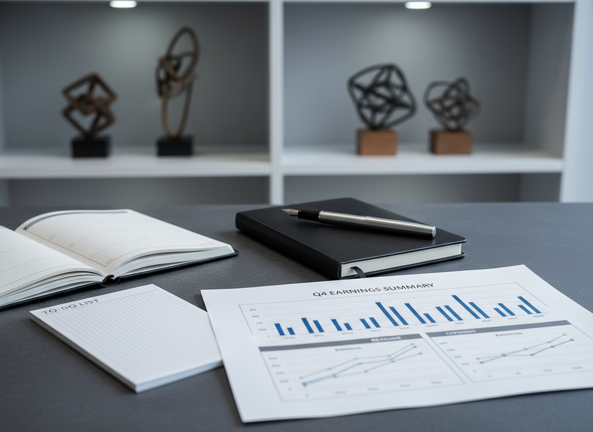 A neatly arranged set of business documents spread across a slate gray desktop, including a financial report with crisp, structured charts, an open planner with clean pages, and an elegant closed black notebook with a brushed steel pen resting atop. The environment is a quiet, modern office with uncluttered surfaces and subtle geometric décor elements in the blurred background. Soft, cool ambient office lighting overhead casts gentle, symmetrical shadows, highlighting the texture of high-quality paper and the metallic finish of accessories. Shot from an eye-level, rule-of-thirds composition, this realistic photographic image communicates professionalism, organization, and a balanced corporate aesthetic ideal for a business services site.