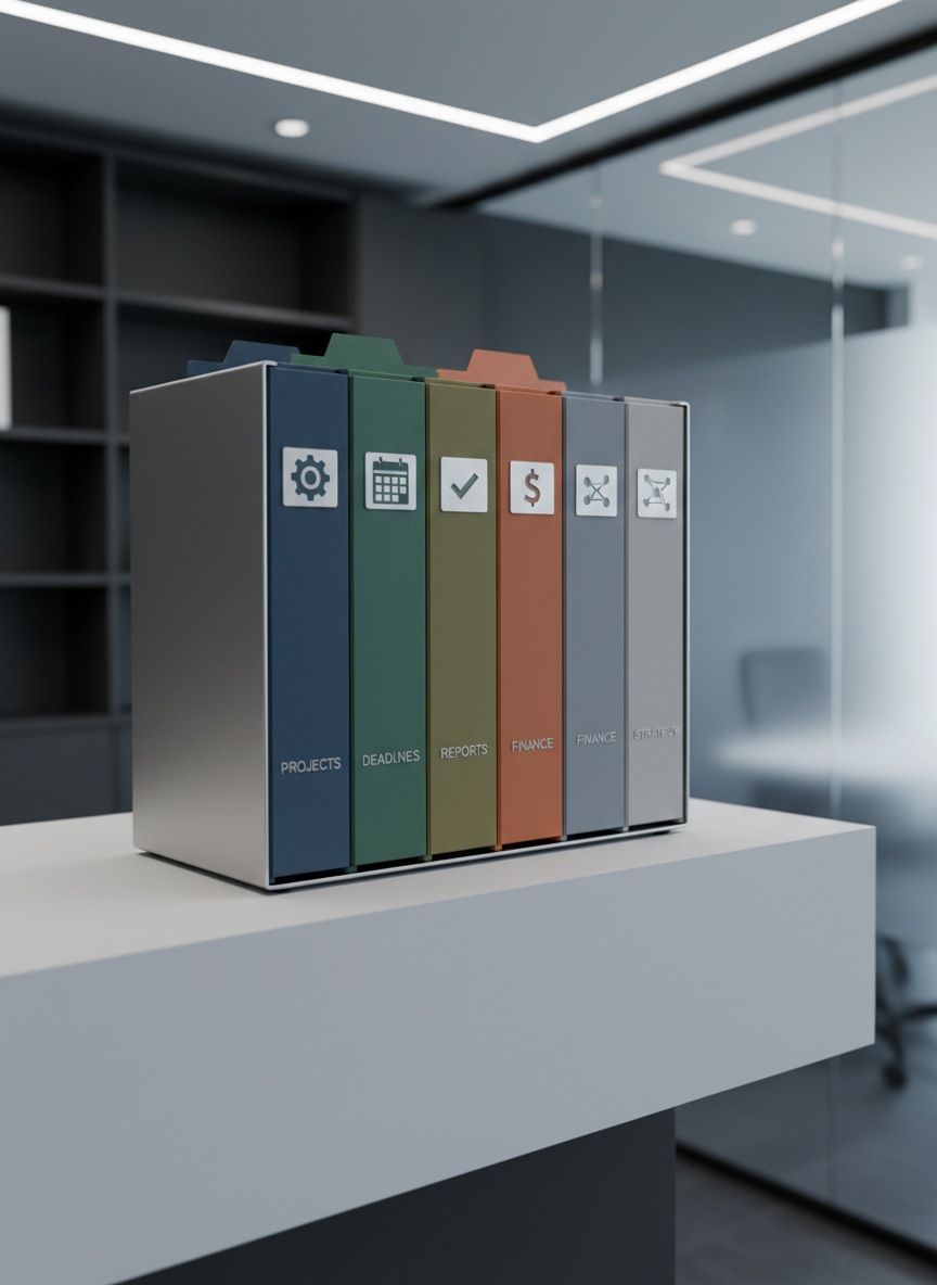 A close-up of a neatly labeled file organizer holding various colored folders, each embossed with simple icons like gears, calendars, and documents, representing different business tasks. The organizer is placed on a tidy, matte white shelf, with background details hinting at a structured office with modular shelving and a frosted-glass wall. Natural cool daylight, enhanced by subtle indoor lighting, creates soft highlights on the smooth folder textures and gentle shadows for depth. The shot is composed at a slightly low, three-quarter angle, with a shallow depth of field that brings the organizer into sharp focus while maintaining a clean, minimalist photographic aesthetic suitable for a modern business site.