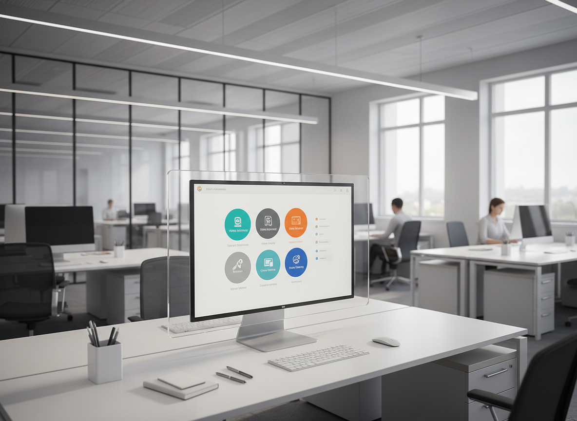 A large, clear monitor displaying a simple, modern dashboard interface with colorful icons representing different business services such as virtual assistance, office support, and online training. The monitor is set on a sleek white desk paired with an ultra-slim keyboard and minimalist stationery tray. The environment is an open, light-filled office space boasting clean architectural lines and a carefully organized workspace. Subtle overhead LED lights create balanced illumination and softly defined shadows, giving clarity and dimension to the scene. Captured from a slightly angled perspective with sharp focus and neutral tones, the image radiates efficiency and digital fluency, aligning perfectly with the aspirations of a professional job matching platform.